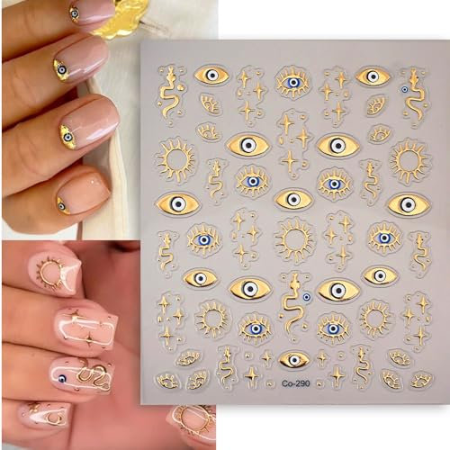 TELAIN Adesivi per unghie 3D dorati, Occhio malvagio & Stella-Serpente, Design per unghie, Decorazione autoadesiva per donne & ragazze, Accessori per manicure fai da te, 1 foglio