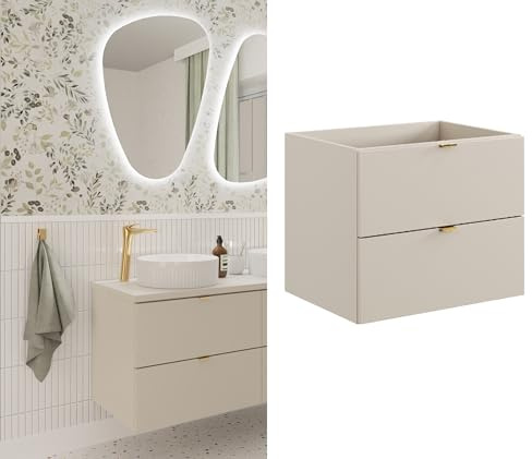 Impact Furniture Modern Bathroom Vanity Unit, 60 cm Wall Mounted Cabinet, 2 Drawers, Cashmere Beige