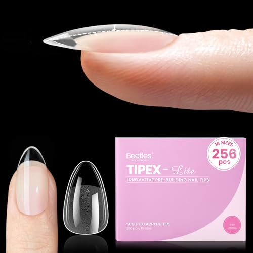Beetles Tipex Lite Apex Nail Tips, Almond Short, 256pcs 16 Sizes,Pre-Building Pre-Etched Acrylic Nail Tips for Flat Nails & Natural Nail Beds