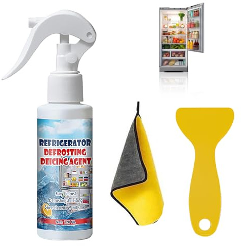 120ml Abtauspray für Gefrierschrank, Enteiserspray für Gefrierschrank, Kühlschrank Spray-Reiniger, Schneeschmelz- und Enteisungsmittel für Gefrierschränke, Kühlschränke, Mit Schaber und Handtuch