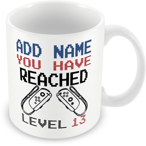 MUGGZ -13th Birthday Personalised Gamer Mug (11oz) Switch Style - You Have Reached Level Custom LevelUp Mug Gift for Boy/Girl - Any Name - Novelty Video Game Controller Design Gifts for Him or Her