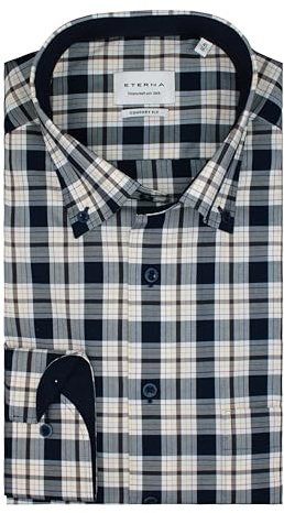 ETERNA Herren Langarmhemd Comfort Fit | Kariert Blau | 100% Baumwolle | Button-Down-Kragen Gr. 42