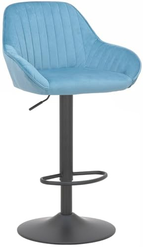 Lamboro Velluto Matt Black Velvet Bar Stool, Padded Seat & Backrest, Matt Black Footrest, Height Adjustable Swivel Gas Lift, Pastel Blue