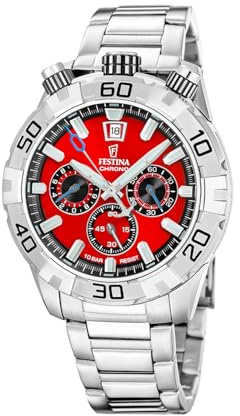 Festina Mens Chronograph Stainless Steel Watch with Steel Bracelet F20743/5 | The Originals F20743/5 Quartz Watch High Strength Glass 10 ATM Waterproof Calendar Watch Red Dial
