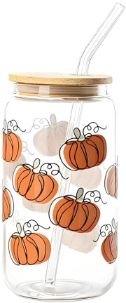 Halloween Tasse Glas 530ml mit Deckel & Strohhalm – Kürbis Tasse aus Glas, Wiederverwendbarer Becher für Kaffee, Tee & kalte Getränke, Perfektes Halloween Geschenk