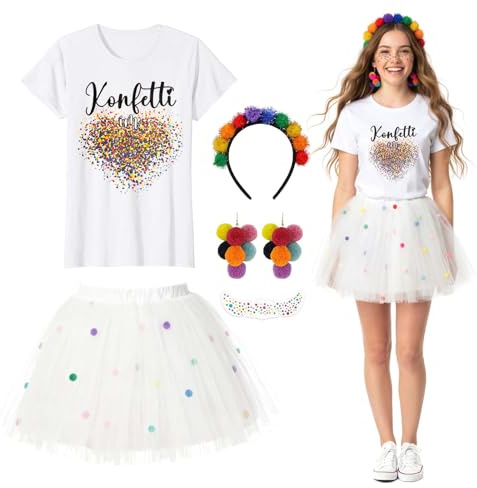 Konfetti Kostüm Damen, Konfetti im Herzen Fasching Karneval Konfetti Kostüm Outfit T-Shirt, Weiß Damen Tüllrock, Haarreif Mit Pompoms Bunt, Ohrringe, Aufkleber, Konfetti Tüllrock Karneval Kostüm Set