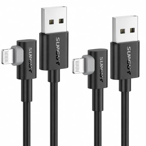 SUNGUY USB-A-zu-Lightning-Kabel 90 Grad, [2er-Pack 0,3 m] rechtwinkliges Lightning-CarPlay-Ladekabel, kompatibel mit iPhone 14/13/12/11 Pro Max/XS MAX/XR/XS/iPad/iPod