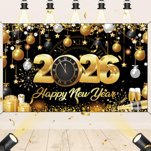 Silvester Deko 2026, Happy New Year 2026 Banner 110 * 180cm, Gold-Schwarz Design Für Silvesterparty, Bürodekoration Und Gemeindeveranstaltungen, 1 Stück