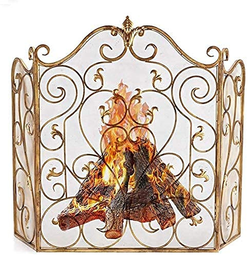 AISNXOQI Funkenschutz, 3-teiliger Goldener Kaminschutz mit Netzabdeckung, Baby-/Haustiersicherer Feuerschutz, Funkenschutz für offenes Feuer/Gasfeuer/Holzofen, 91,4 cm hoch