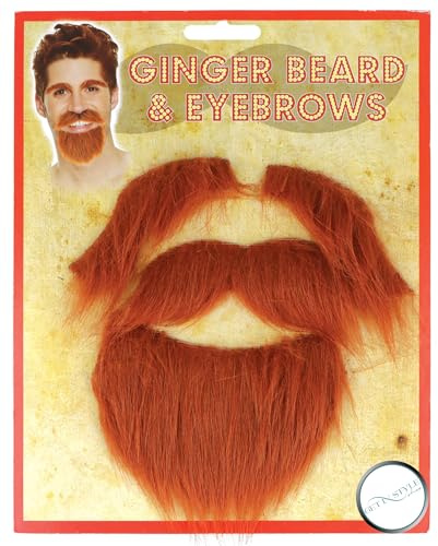 4-Piece Set – Ginger Beard and Eyebrow Stick On Beard and False Moustache – Halloween Fancy Dress Costume Accessory for Men and Women – Bundled by GetInStyle Shop