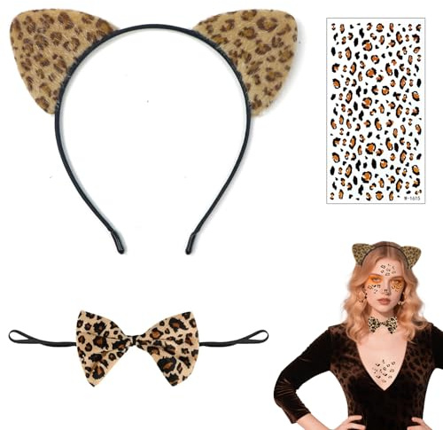 LEIIERUY 3‑teiliges Leoparden Kostüm Zubehör Set für Erwachsene – mit Ohren Haarreif, Leoparden Fliege & Temporärem Tattoo – Ideal für Karneval, Halloween & Mottoparty