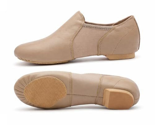 Jazz Dance Shoes Slip On Real Leather Split Sole Black & Tan - Neoprene Centre for Better Flexibility & Fit, Rubber Heel - Girls