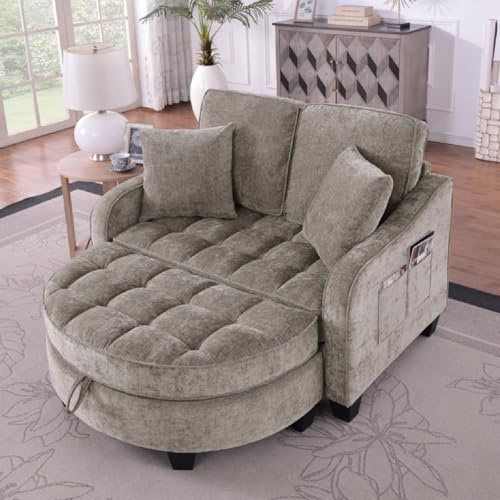 JCFEIDQW Sofa mit Schlaffunktion, Sofa Klein, Chaiselongue, 2-in-1 Schlafsofa, Aufbewahrungs-Hocker & 4 Kisse, für Kleine Wohnzimmer, Studienzimmer, Schlafzimmer, 132×129×93cm (Braun)