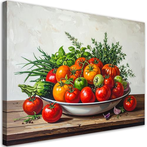Feeby Wandbilder - Bilder Schlafzimmer - Stillleben Tomaten und Kräutern - 45x30 1tlg - Wohnzimmer Bild Groß - Wohnungs - Foto Geschenk - Leinwand Wall Art - Wand Deko