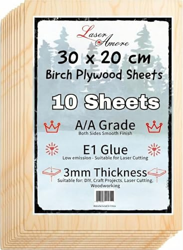 Laser Amore 300x 200x 3mm Birch Plywood Sheets - Pack of 10 - Grade A/A Laser Compatible Low Fume E1 Glue - Unfinished Wood Veneer Sheets - DIY Home Decor Arts and Craft
