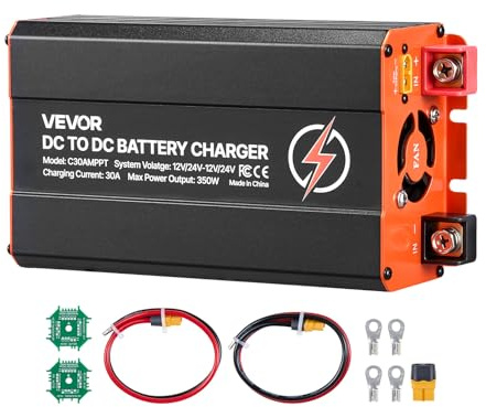VEVOR DC to DC Charger with MPPT, 350W, 30A On-Board Battery Charger, Solar Panel/Alternator Dual Input, Smart Multi-Stage Charging for LiFePO4 Lead-Acid Batteries, 12V/24V-12V/24V, for RV Home Backup