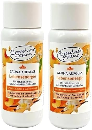 Dresdner Essenz Sauna-Aufguss Frischer Geist Orange Rosmarin Orange Honig Eukalyptus Menthol Kräuter Japanische Minze Eislimone..., 2x 250ml (2er Pack Lebensenergie, 2x 250ml)