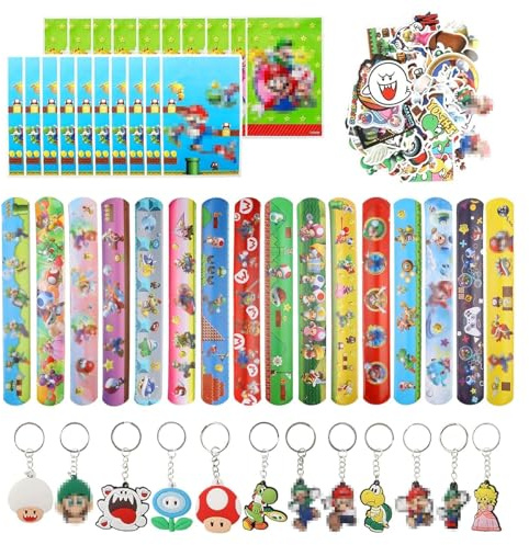 Touosy 98 Pièces Cadeau Anniversaire Thème de Dessin Animé, Inclure 12 Porte Clef Enfant 50 Stickers Enfant 16 Bracelet de Dessin Animé 20 Sacs Cadeaux, pour Enfants pour Fête D'anniversaire