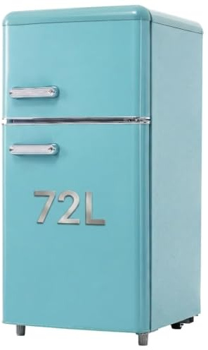 Lahoomu Retro-Kühlschrank, Doppeltür-Kühlschrank, 72 Liter(mit 21 Liter Gefriervolumen), 120 kWh/Jahr, LED-Licht, Blau