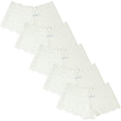 Yenita Women Lace Hipster, 5er Set Damen Spitzen Panties aus weichem tranzparenten Spitzengewebe, Weiss, Gr. L