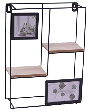 Spetebo Design Wandregal 40x33 cm - mit 2 Bilderrahmen und Holz Ablagen - Metall Hängeregal Setzkasten Regal
