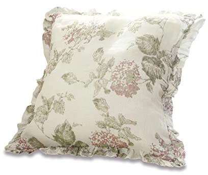 Loberon Kissenhülle Mathea, mit floralem Print, dekorativer Volantabschluss, Romantik-Look, Kissenbezüge, Wohn-Accessoire, Leinen, Baumwolle, weiß/rosa