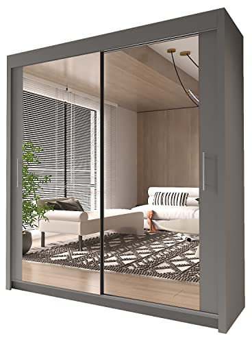 INTERWOOD Modern Full Mirror 2&3 Sliding Doors Wardrobe With Adjustable Shelves, Hanging Rails, Bedroom Furniture (Grey 180cm)