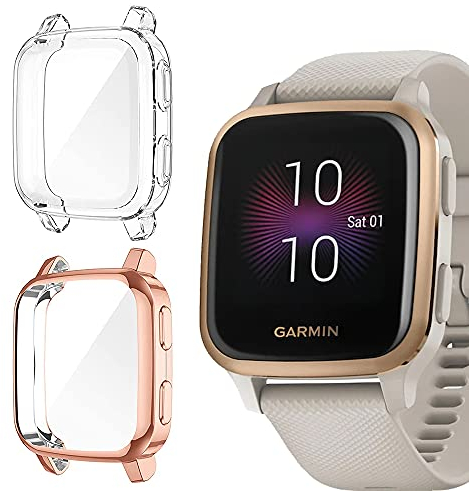 Niboow Cover [2 Pezzi] Compatibile con Garmin Venu Sq/Music, Con Pellicola Protettiva, Ultra Sottile TPU Custodia, Morbida Custodiain Compatibile con Garmin Venu Sq/Music-Oro Rosa+Trasparente