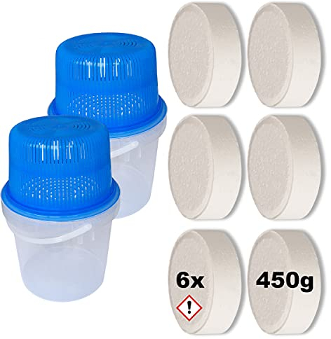 6x 450g Luft-Entfeuchter Granulat Tabs Nachfüllpack INKL. 2x Raumentfeuchter Box ohne Strom