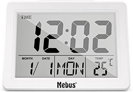 Mebus Digital-Wecker mit extra großem Display und Temperaturanzeige, gut lesbar, Wecker, Snooze, Displaybeleuchtung per Knopfdruck/Klatschen/Schnipsen, Datum, Farbe: Weiß, Modell: 25738, BxHxT: 13,8x10,2x4,4 cm