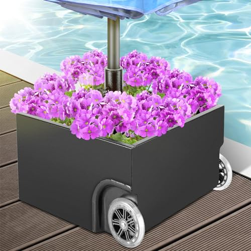 Tubiaz Pied de parasol à planter avec roulettes, 77 kg, pour barres de parasol de 38/48 mm, pied de parasol à remplir avec trou de drainage, pied de parasol mobile pour terrasse, jardin