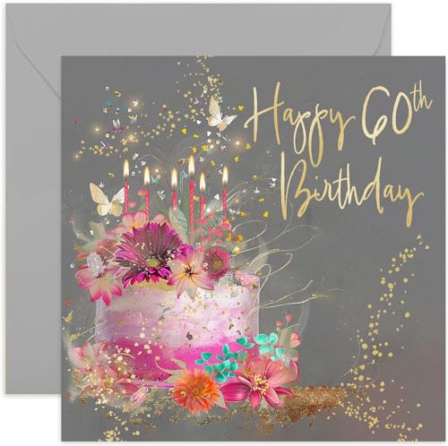 Geburtstagskarte zum 60. Geburtstag für Frauen, 60. Geburtstag, rosa Geburtstagskuchen, glitzernde und Schmetterlinge, für Schwester, Mutter, Freundin, Tante, innen unbeschriftet