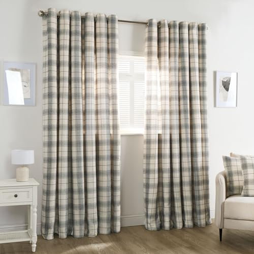 OHS 2 Panel Eyelet Blackout Curtains for Living Room Bedroom, Soft Decorative Woven Check Fully Lined Curtains Luxurious Cream Thermal Insulated Curtain, 90 x 90