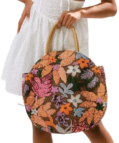 BLacOh Korbtaschen Damen Damen-Einkaufstasche mit floralen Pailletten und Stroh, runde Handtasche im Retro-Ethno-Stil, geeignet for Urlaub, Reisen, Party und Shopping Strohtaschen Damen