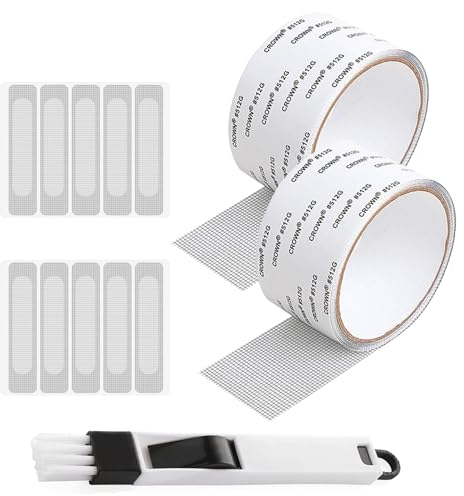 Réparation de Fenêtre Moustiquaire Kit, incl. 2 Ruban Adhésif pour Moustiquaire, 10 Patchs D'écran de Fenêtres Auto-adhésif, 1 Brosse de Nettoyage, Reparation Adhésif Maille en Fibre de Verre (Gris)