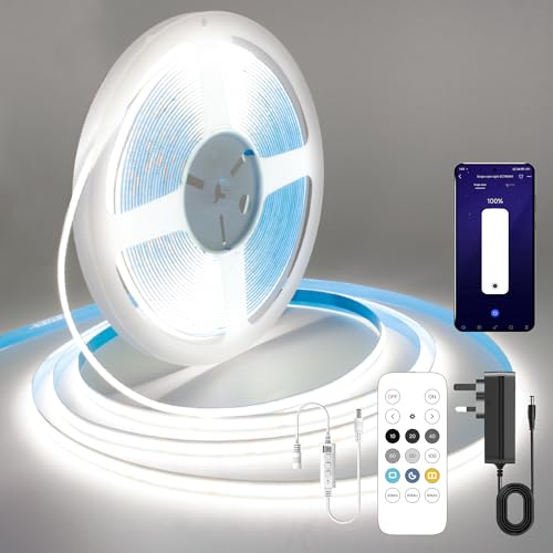 FUIQI COB LED Strip 10M,Dimmable Dotless LED Strip Lights with Smart App and Remote,24V Cool White 6000K with Power Supply,8mm Wide,CRI>90 LED Lights for Indoor Room,Kitchen,cabinets,Mirrors