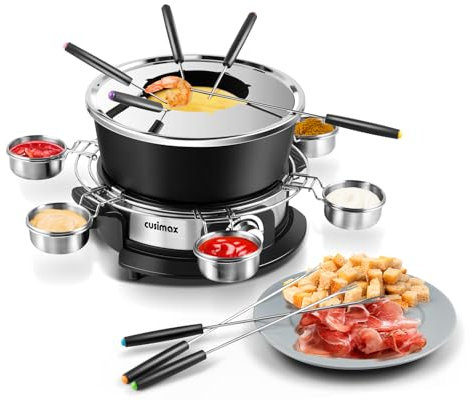 CUSIMAX Elektrisches Fondue-Set mit 1300W Leistungsregelung für Käse, Schokolade, Öl und Brühe, 2L Antihaft-Elektro-Fondue-Topf mit 8 Gabeln, 6 Tassen und abnehmbarem Anti-Verbrühungs-Griff