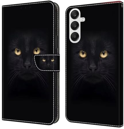 Bnvdfre Handyhülle für Samsung Galaxy A16 5G Hülle PU Leder Klapphülle Magnet Stoßfeste Kartenfach Klappbar Schutzhülle Silikon Case Cover mit Muster Motiv Flip Handytasche - Schwarze Katze