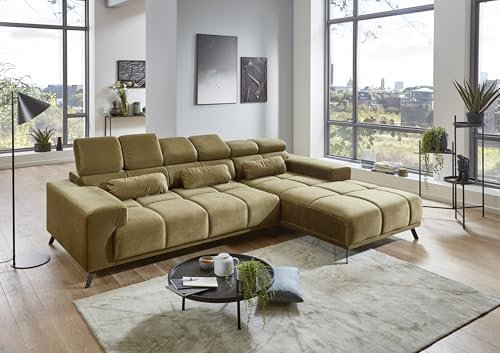Wohnlandschaft >Starlett< in olivgrün, Ottomane rechts, 3x manuelle Kopfteilverstellung, Metallfüße schwarz, Nosagunterfederung, Bonellfederkern, inkl. 3 Zierkissen, 285x79-99x201 cm (BxHxT)