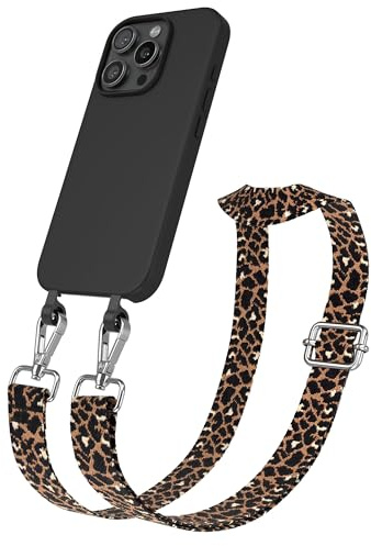 EAZY CASE - Hülle mit Band kompatibel mit iPhone 16 Pro Handyhülle für iPhone 16 Pro Schutzhülle Silikonhülle mit Handykette zum Umhängen 2in1 Hülle Handykordel Leo - Schwarz Braun Metall Silber
