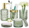 Lot de 5 Accessoires de Salle de Bain en Verre, Accessoires de Salle de Bain de Luxe, avec Distributeur Savon, Porte Brosse à Dents, Tasse en Verre, Pot à Cotons-tiges et Porte-Savon, Vert