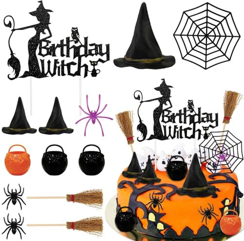 Morofme 13pcs Witch Cake Topper Halloween Cake Decoration Halloween Witch Cakes Decorations Black Themed Cupcake Toppers Hat Broom Spider Web Glitter Happy Birthday Decor for Scary Party Supplies