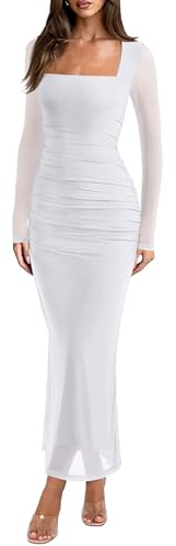 REORIA Long Sleeve Wedding Guest Maxi Dresses for Women Sheer Mesh Square Neck Ruched Bodycon Long Dress Fall Outfits