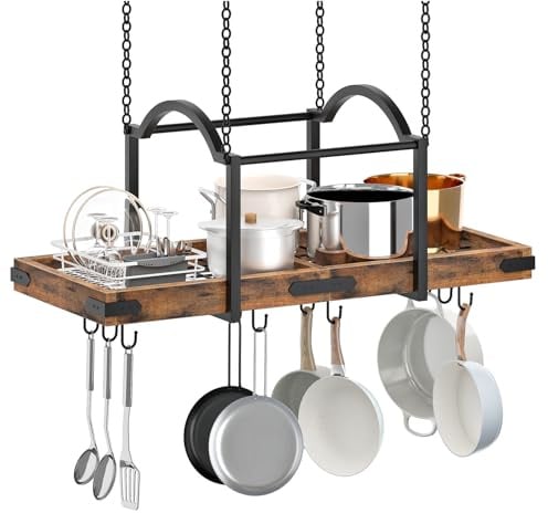 HOOBRO Portapentole Sospeso da Soffitto con 10 Ganci a S, Mensola Pensile per Pentole e Utensili da Cucina, Struttura ad Arco per Organizzazione Cucina, Marrone Vintage e Nero EBF80TL01