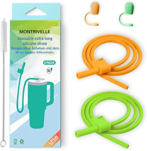 Paille Extra Longue 90cm pour Stanley 40oz & 30oz - Flexible avec Capuchon - Silicone Sans BPA - Idéal Personnes Alitées, Hôpital & Conduite (Jaune et Vert)