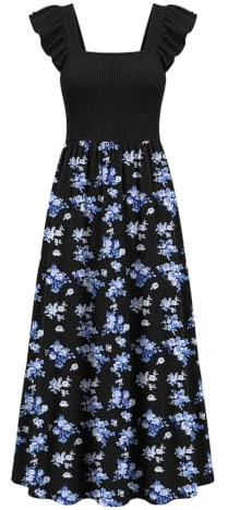 AUSELILY Robe Longue D'été Femme Col Carré Volants sans Manches avec Poches | Robe Maxi Casual Beach,Robe De Soleil Flow-Vacation élégante,Tissu Respirant Et Doux,Multiple Motifs Imprimés Disponibles