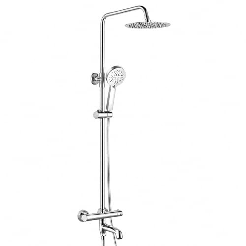 Twin Round Shower Head System, Thermostatic Bar Valve, Riser Kit, Bath Shower Mixer Tap Combo with Attachment, Bathroom Tap Set Three Way (Chrome) (SHW005)
