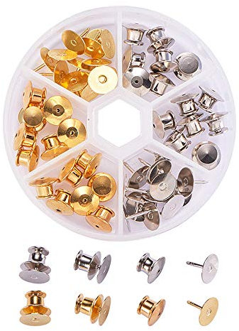 BENECREAT 60PCS Broches Verrouillage Dos avec Cravate Épingles Vierges Broches Verrouillage Fermoir Broches Gardiens Dos Remplacement avec Etui de Rangement pour DIY Bijoux Making-Golden & Platinum