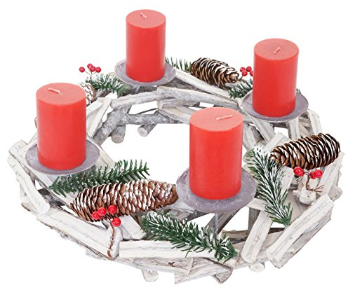 Adventskranz rund, Weihnachtsdeko Tischkranz, Holz Ø 40cm weiß-grau - mit Kerzen, rot