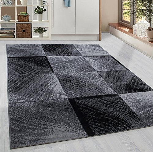 HomebyHome Teppich Wohnzimmer 200x290 cm (200x300 cm) Schwarz Moderne Kariert Design - Esszimmer und Schlafzimmer Teppich Kurzflor Teppich Extra Weich Pflegeleicht - Carpet Living Room